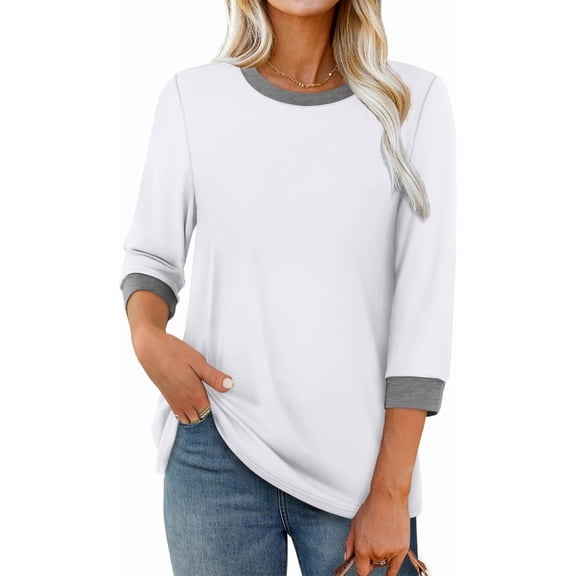 Women's 3/4 Sleeve Crew Neck Color Block Tunic Top Dressy Casual Loose Fit Tee Shirt