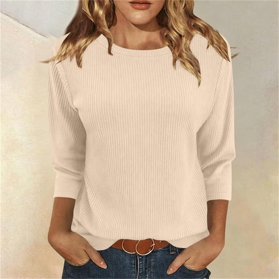 Women's 3/4 Sleeve Crew Neck Loose Tunic Tops, Business Casual Spring Dressy Blouses | CSEONE,Beige L