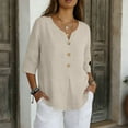 thumbnail image 1 of Women's 3/4 Sleeve Crew Neck T-Shirt, Casual Solid Color Elbow Length Sleeve Top, Soft Stretch Lightweight Basic Pullover Tee for Daily Layering 02-Beige XXL, 1 of 5