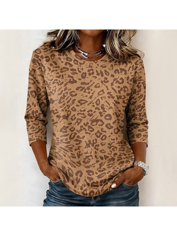 Women's 3/4 Sleeve Crewneck T Shirt Leopard Print Casual Basic Pullover Top Lightweight Soft Graphic Tee For Daily Wear S