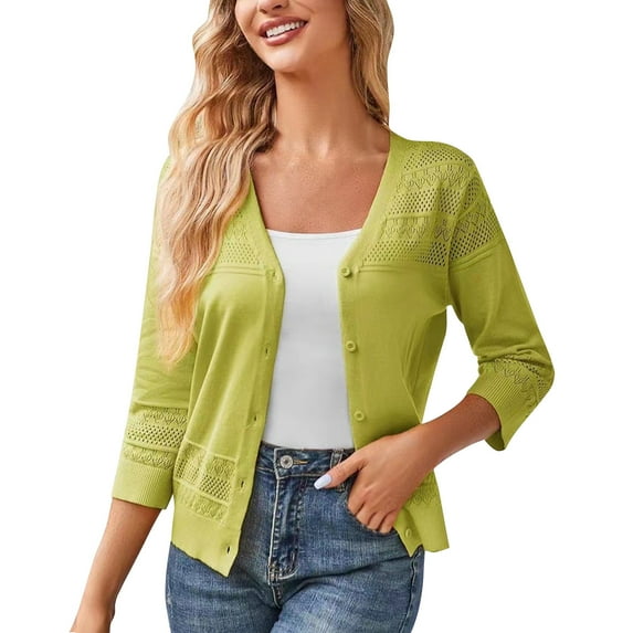 Women's 3/4 Sleeve Cropped Cardigan, 2025 Lightweight Crochet Shrugs Button up Knit Sweater Coat Tops Cardigans for Lady Green L