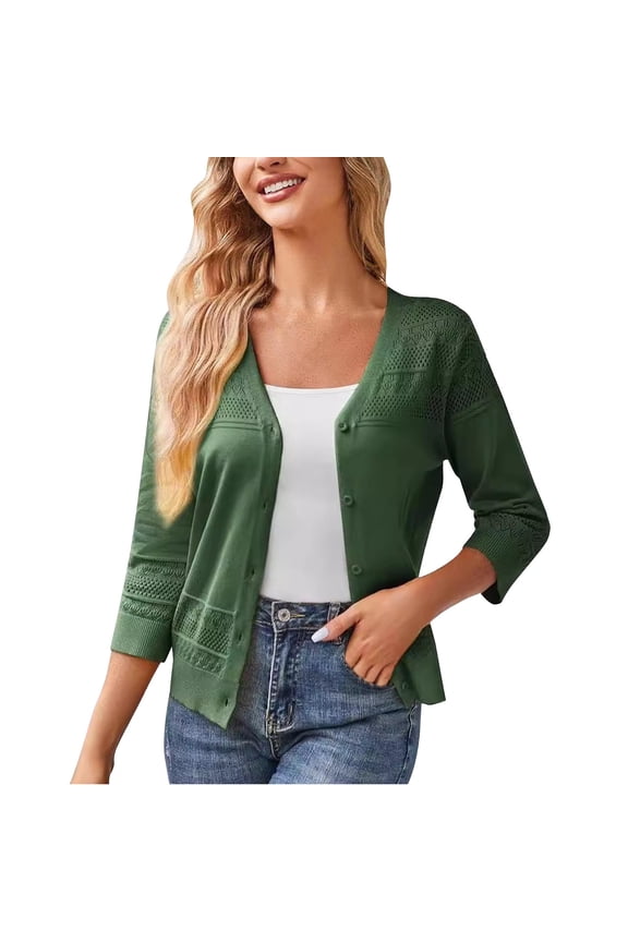 Womens Blazer, Women's 3/4 Sleeve Cropped Cardigan, 2025 Lightweight Crochet Shrugs Button up Knit Sweater Coat Tops Green XL