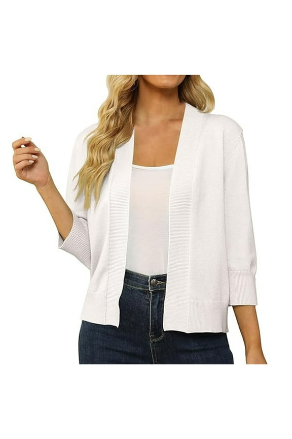 Women's 3/4 Sleeve Cropped Cardigan Sweater Open Front Short Shrugs Cardigans Lightweight Sweaters, White (Large)