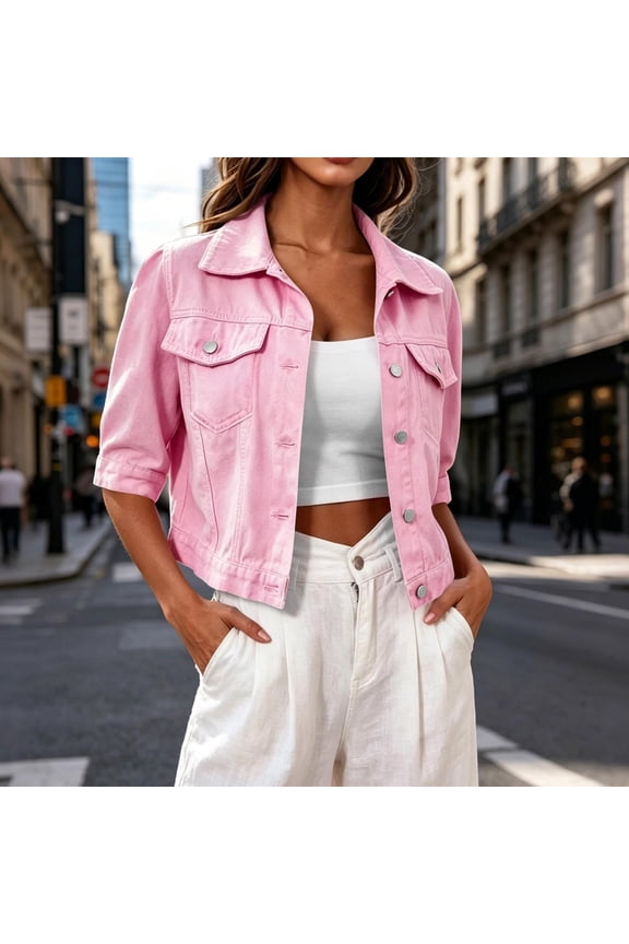 Women's 3/4 Sleeve Cropped Denim Jacket, Lapel Button Front Slim Fitting Short Jean Coat with Chest Pockets L