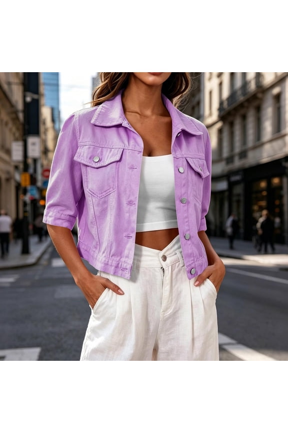 Women's 3/4 Sleeve Cropped Denim Jacket, Lapel Button Front Slim Fitting Short Jean Coat with Chest Pockets Purple L
