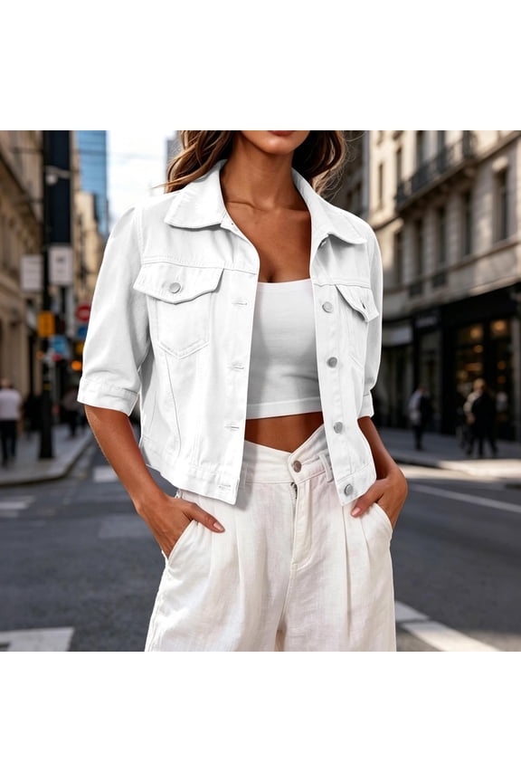 Women's 3/4 Sleeve Cropped Denim Jacket, Lapel Button Front Slim Fitting Short Jean Coat with Chest Pockets White L
