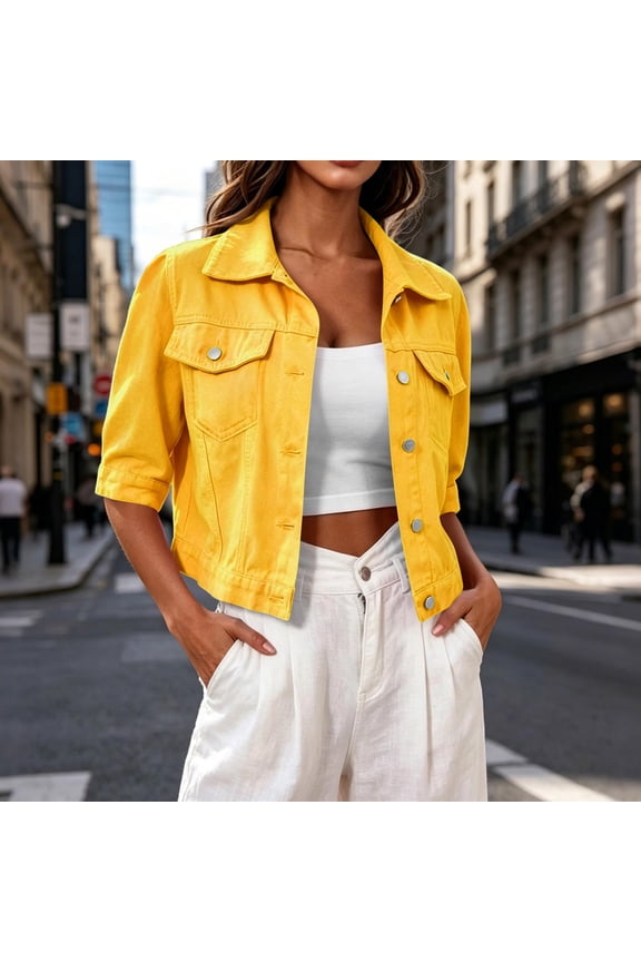 Women's 3/4 Sleeve Cropped Denim Jacket, Lapel Button Front Slim Fitting Short Jean Coat with Chest Pockets Yellow L