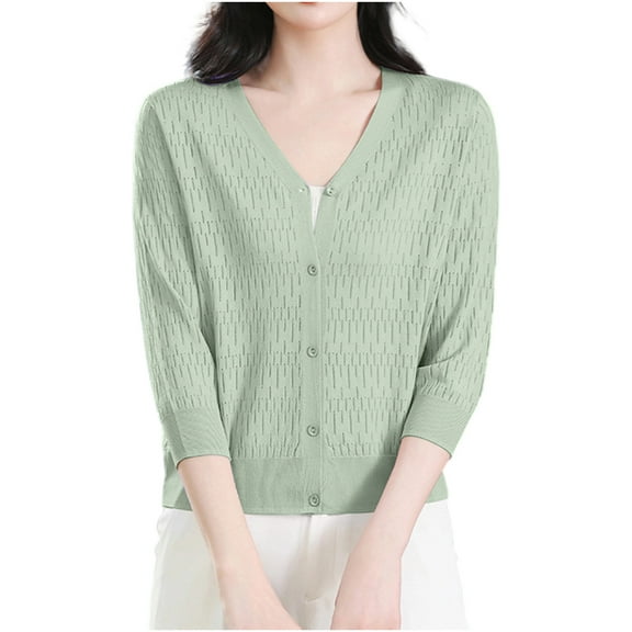 Women's 3/4 Sleeve Cropped Knit Sweater Cardigan Solid Color Button Down V-Neck Tops Casual Lightweight Sweaters Tops
