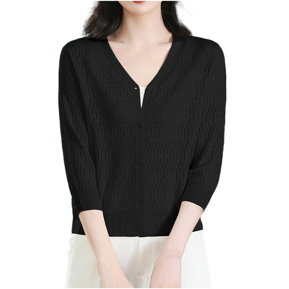 Women's 3/4 Sleeve Cropped Knit Sweater Cardigan Solid Color Button Down V-Neck Tops Casual Lightweight Sweaters Tops