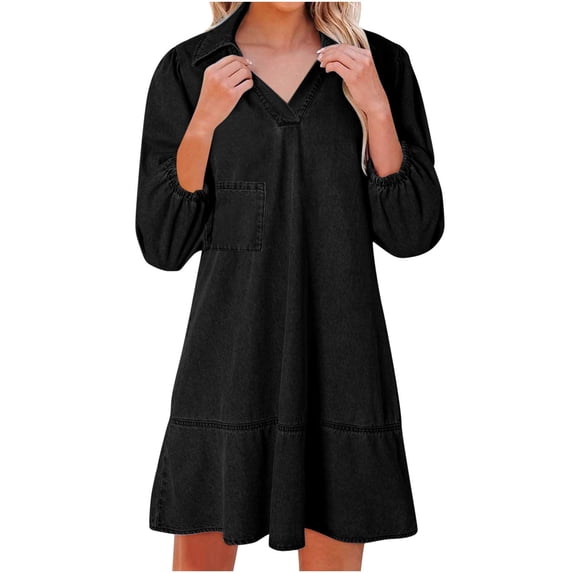 Women's 3/4 Sleeve Denim Dress V-Neck Casual Short Dresses Casual Babydoll with Ruffled Hem, Daily Wear for Spring and Summer,XL,Black