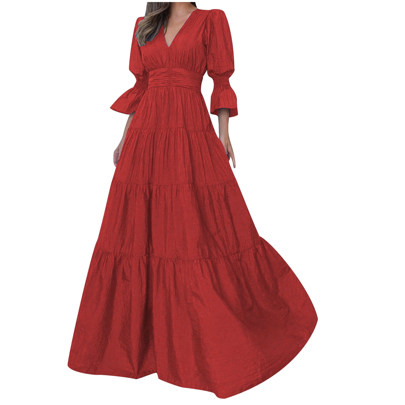 Women's 3/4 Sleeve Dress Puff Sleeve V Neck Empire Waist Pleated Patchwork  Layered Flowy Maxi Dress Solid Elegant Dresses(L,Red) - Walmart.com