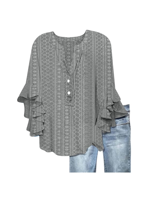 Women's 3/4 Sleeve Dressy Casual Top Boho Floral Print Loose V Neck Wave Bell Sleeve Summer Blouse