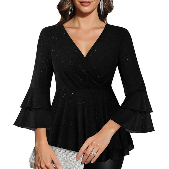 Women's 3/4 Sleeve Elegant Tunic Tops Dressy Casual V Neck Double Layers Mesh Loose Fitting Sparkly Blouses Ruffle Shirt Black L