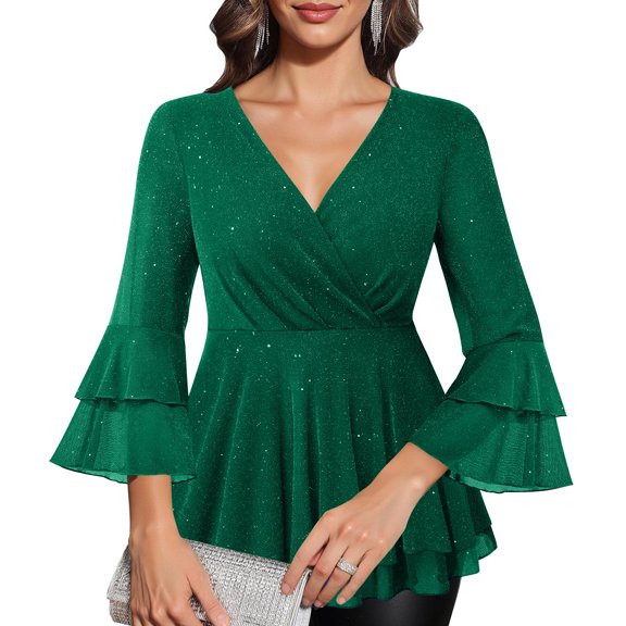 Women's 3/4 Sleeve Elegant Tunic Tops Dressy Casual V Neck Double Layers Mesh Loose Fitting Sparkly Blouses Ruffle Shirt Green S