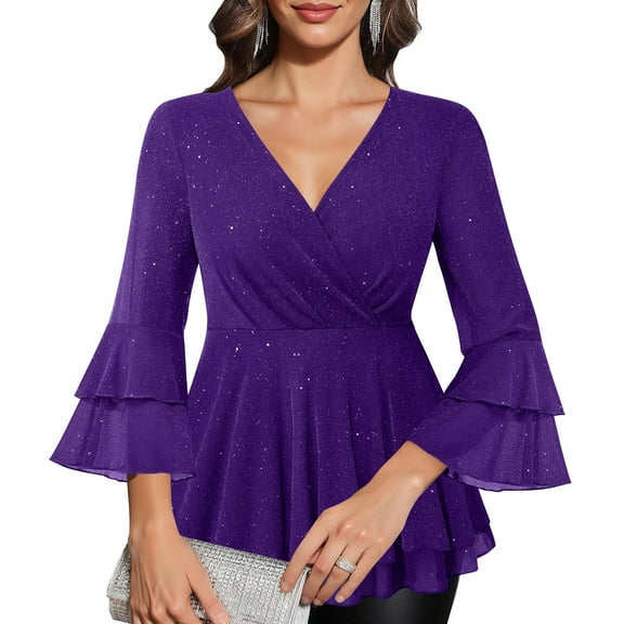 Women's 3/4 Sleeve Elegant Tunic Tops Dressy Casual V Neck Double Layers Mesh Loose Fitting Sparkly Blouses Ruffle Shirt Purple S
