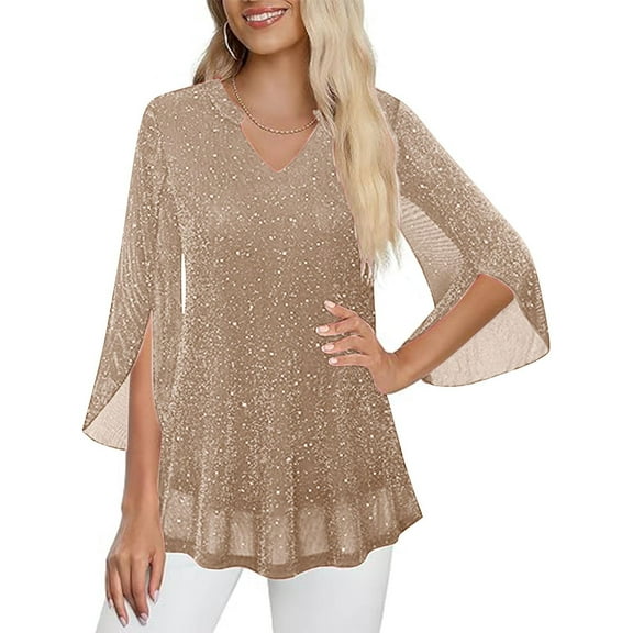 Women's 3/4 Sleeve Elegant Tunic Tops, Dressy Casual V Neck Ruffle Layers Mesh Loose Fitting Sparkly Blouses Shirt Beige XL