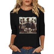 Women's 3/4 Sleeve Fall Halloween Shirt Pumpkin Witch Ghost Thankful Turkey Skeleton Graphic Tee Autumn Thanksgiving Tops Large
