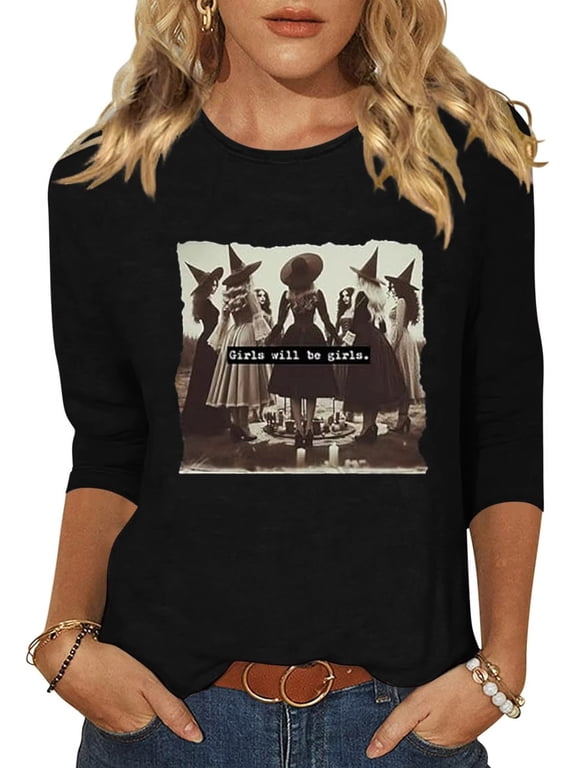 Women's 3/4 Sleeve Fall Halloween Shirt Pumpkin Witch Ghost Thankful Turkey Skeleton Graphic Tee Autumn Thanksgiving Tops Large