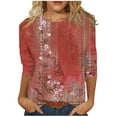 thumbnail image 1 of Women's 3/4 Sleeve Fall Tops Floral Print Tunics 3/4 Length Sleeve Crewneck Plus Size Shirts Casual Loose Tshirts Cute Tops for Women Fall Fall Clothes for Women 2024 (Wine), 1 of 9