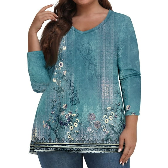 Women's 3/4 Sleeve Fall Tops Plus Size Tshirts 3/4 Length Sleeve V-Neck Floral Print T-Shirts Dressy Casual Blouse Fall Outfits for Women 2024 Trendy cyan 4X-Large