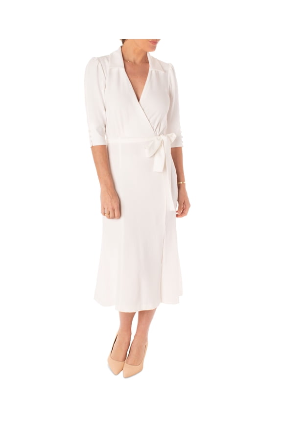 Women's 3/4-Sleeve Faux-Wrap Dress Ivory 14