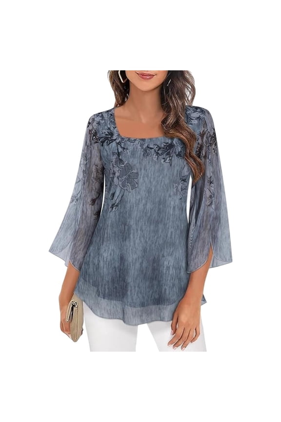 Women's 3/4 Sleeve Floral Blouses Shirts Double Layers Square Neck Dressy Tunics Tops