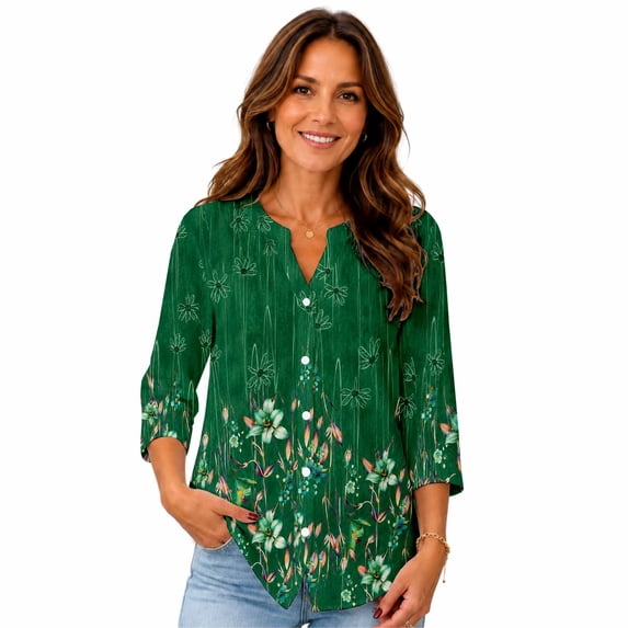 Women's 3/4 Sleeve Floral Button Down Blouse, Split V-Neck Casual Shirt