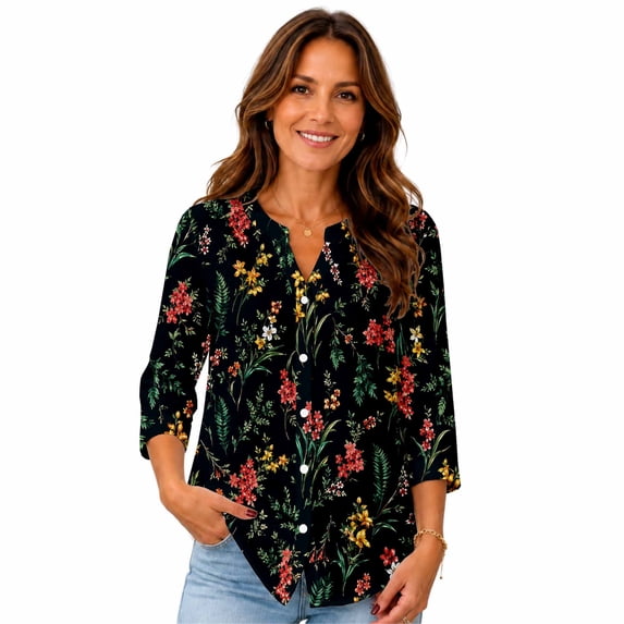 Women's 3/4 Sleeve Floral Button Down Blouse, Split V-Neck Casual Shirt