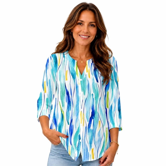 Women's 3/4 Sleeve Floral Button Down Blouse, Split V-Neck Casual Shirt