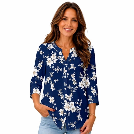Women's 3/4 Sleeve Floral Button Down Blouse, Split V-Neck Casual Shirt