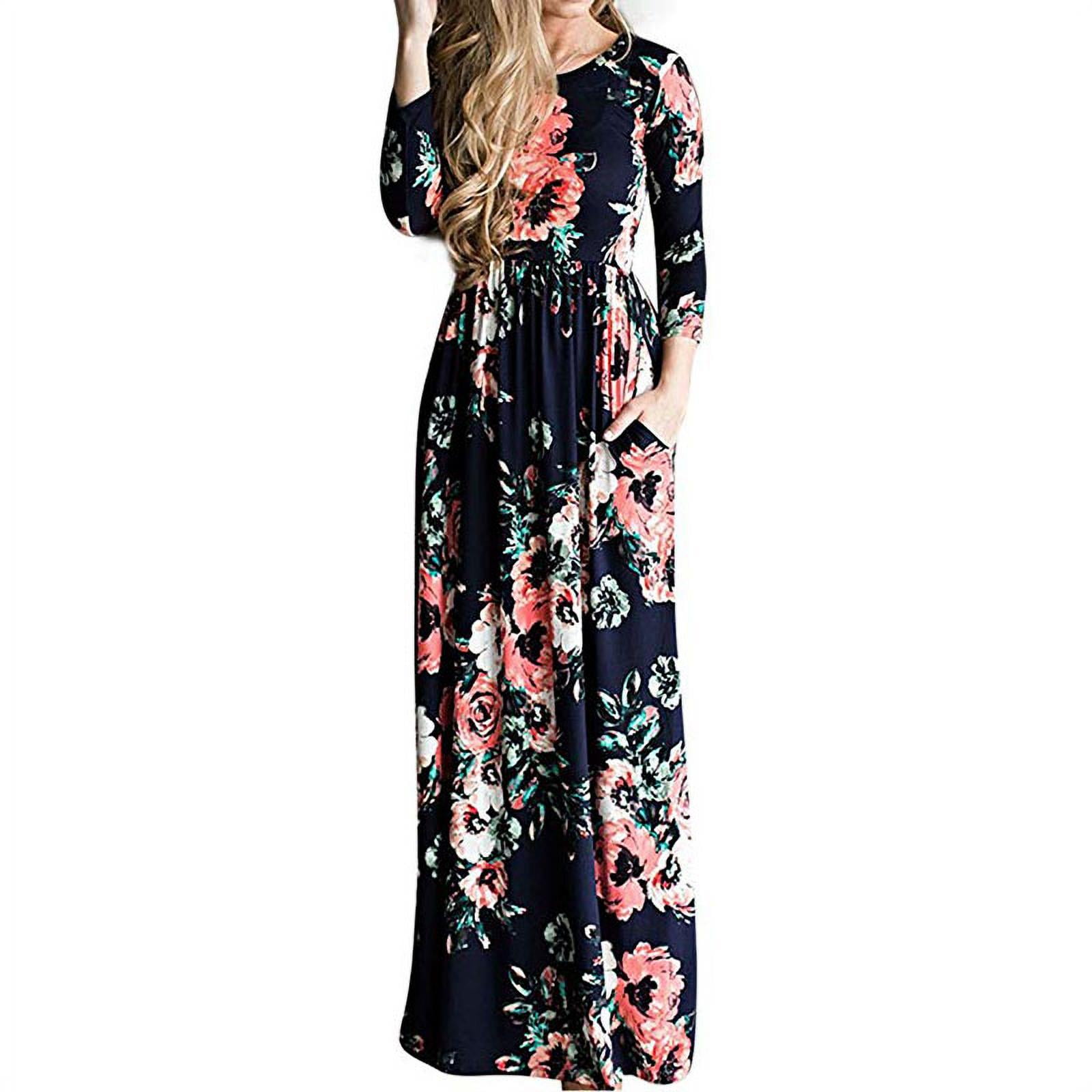 Women's 3/4 Sleeve Floral Dress Casual Stretch Maxi Long Dresses ...