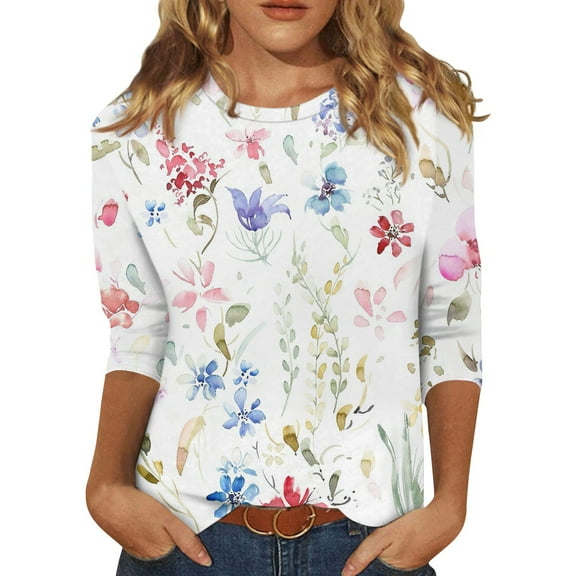 Women's 3/4 Sleeve Floral Print Blouse Casual Loose Fit Crew Neck Lightweight Soft Tops for Spring Summer Daily Wear