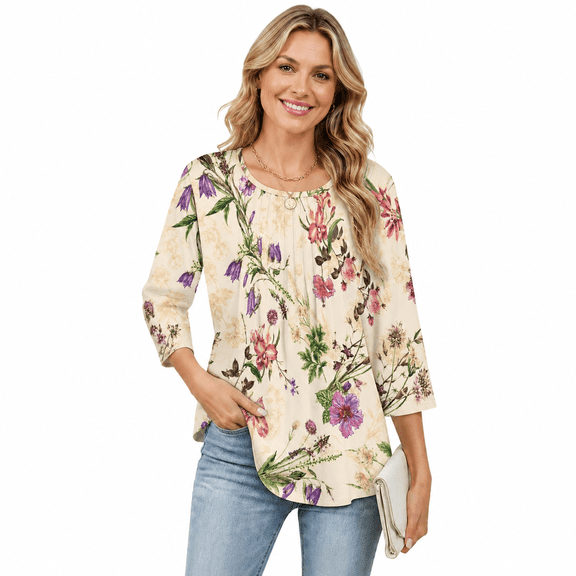 Women's 3/4 Sleeve Floral Print Pleated Crew Neck Tunic Top