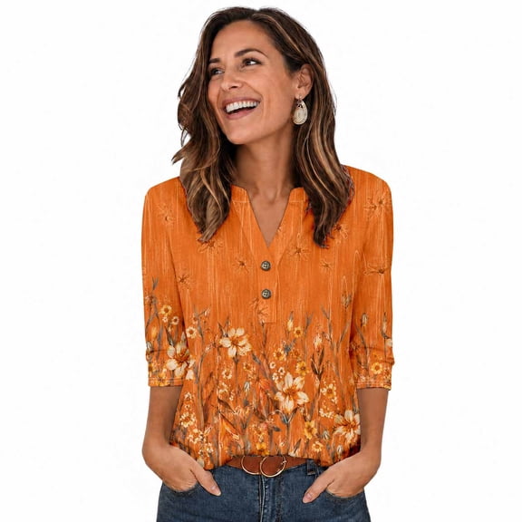Women's 3/4 Sleeve Floral V-Neck Button Casual Blouse Top