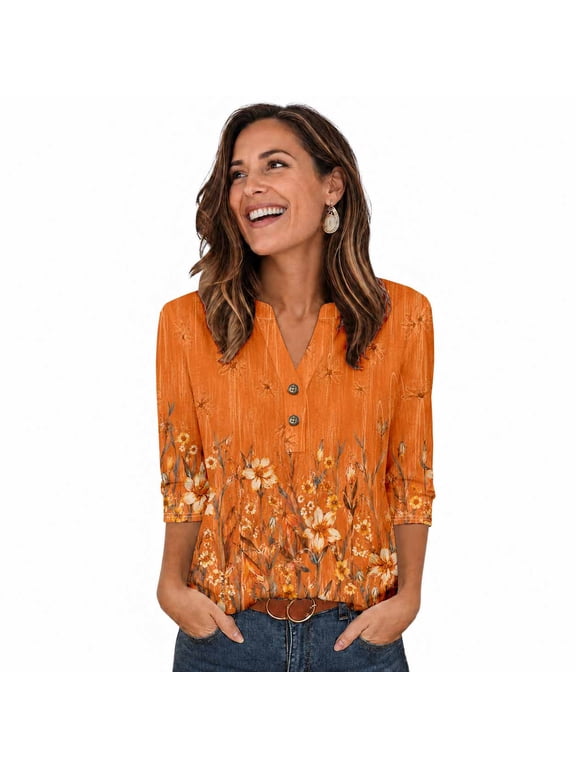 Women's 3/4 Sleeve Floral V-Neck Button Casual Blouse Top