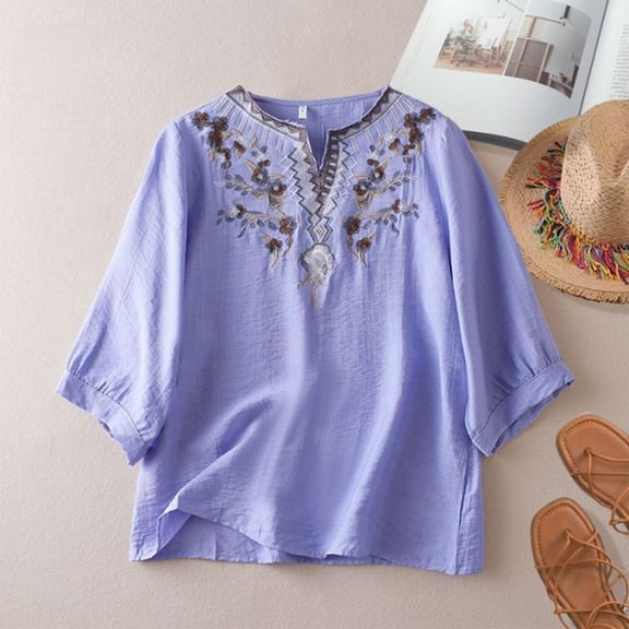 Women's 3/4 Sleeve Front Pocket Blouse Loose Fit Tops