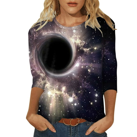 Women's 3/4 Sleeve Galaxy Starry Sky Printed Round Neck 3/4 Sleeve Top T Shirt Long Sleeve T Shirt Women in A Pack Tee Long Sleeve Women Womens Summer Tops Loose Fit T Shirts Workout Clothes Womens