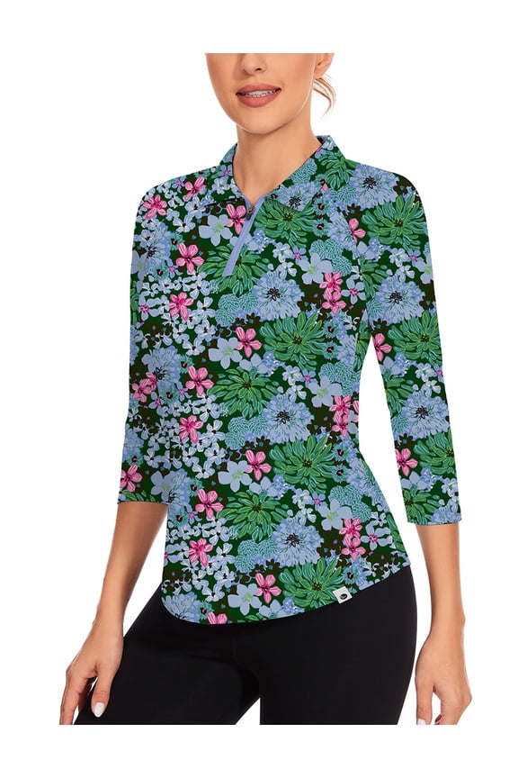 Women's 3/4 Sleeve Golf Polo Shirt Quarter Zip Collared Tennis Top UPF50 Moisture Wicking Athletic Shirt for Outdoor Sports