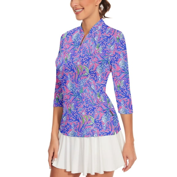 Women's 3/4 Sleeve Golf Shirt Quarter Zip Floral Tennis Polo UPF50+ Moisture Wicking Athletic Top for Outdoor Activities