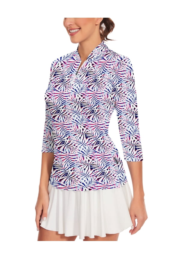 Women's 3/4 Sleeve Golf Shirt Quarter Zip Floral Tennis Polo UPF50+ Moisture Wicking Athletic Top for Outdoor Activities