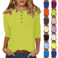 thumbnail image 1 of Women's 3/4 Sleeve Henley Tops Casual Button Down Blouses Loose Fit T Shirts Basic Summer Fall Tees Fluorescent Green M, 1 of 7