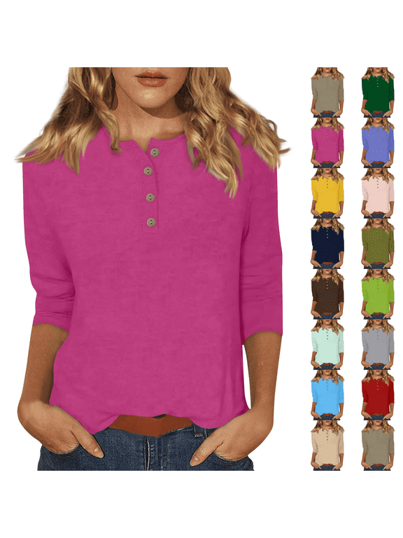Women's 3/4 Sleeve Henley Tops Casual Button Down Blouses Loose Fit T Shirts Basic Summer Fall Tees Hot Pink XL