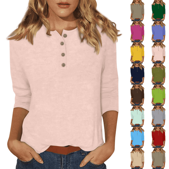 Women's 3/4 Sleeve Henley Tops Casual Button Down Blouses Loose Fit T Shirts Basic Summer Fall Tees Light pink S