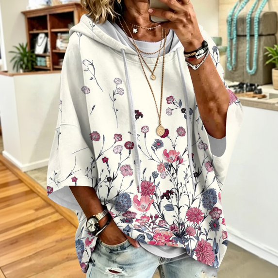 Women's 3/4 Sleeve Hooded Sweatshirt Vintage Printed Oversized Pullover Hoodie Relaxed Baggy Fit Casual Y2K Pullover Tops