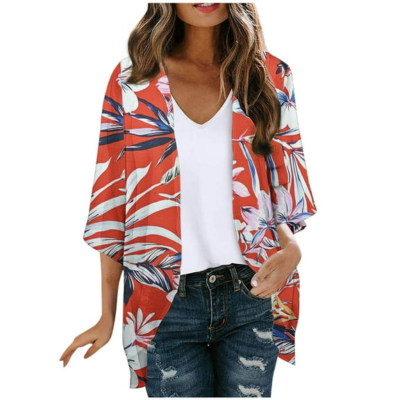Women's 3/4 Sleeve Kimono Cardigan Open Front Chiffon Cover Ups Tropical Print Beach Casual Hawaiian Clothes (2XL, Red)