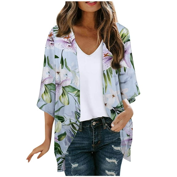 Women's 3/4 Sleeve Kimono Cardigan Open Front Chiffon Cover Ups Tropical Print Beach Casual Hawaiian Clothes (2XL, White)