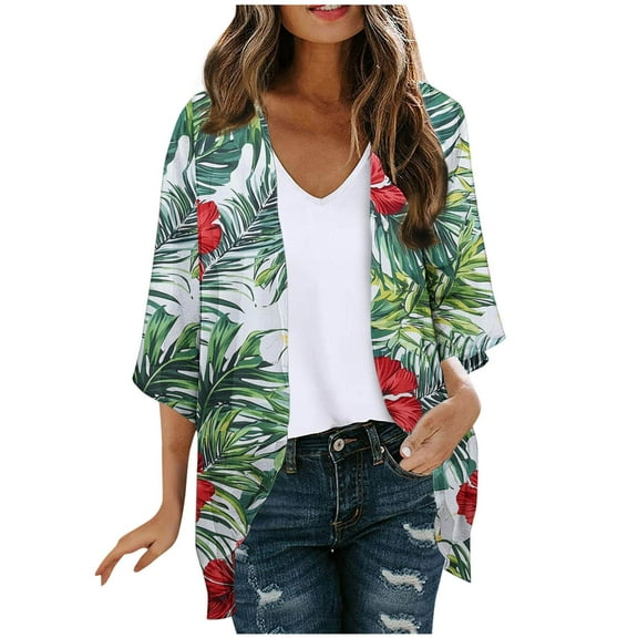 Women's 3/4 Sleeve Kimono Cardigan Open Front Chiffon Cover Ups Tropical Print Beach Casual Hawaiian Clothes (M, Green-A)