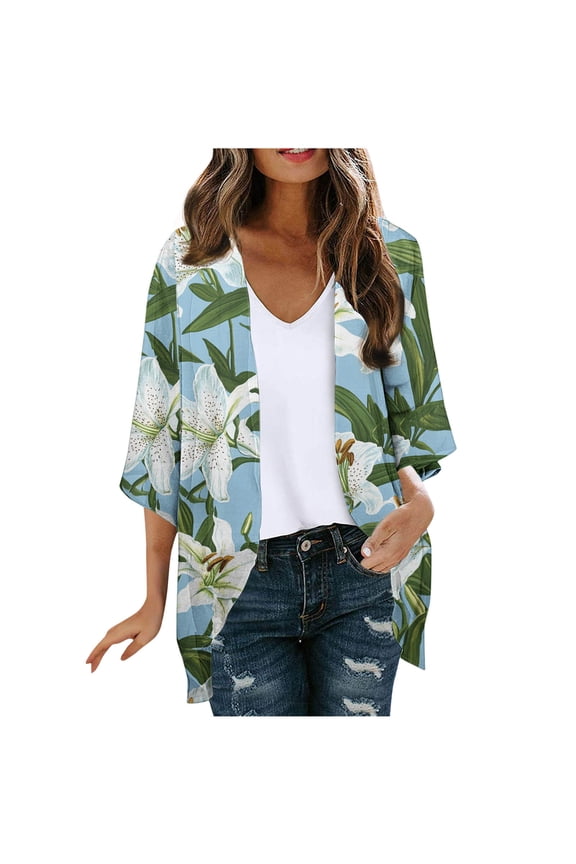 Women's 3/4 Sleeve Kimono Cardigan Open Front Chiffon Cover Ups Tropical Print Beach Casual Hawaiian Clothes (M, Green)