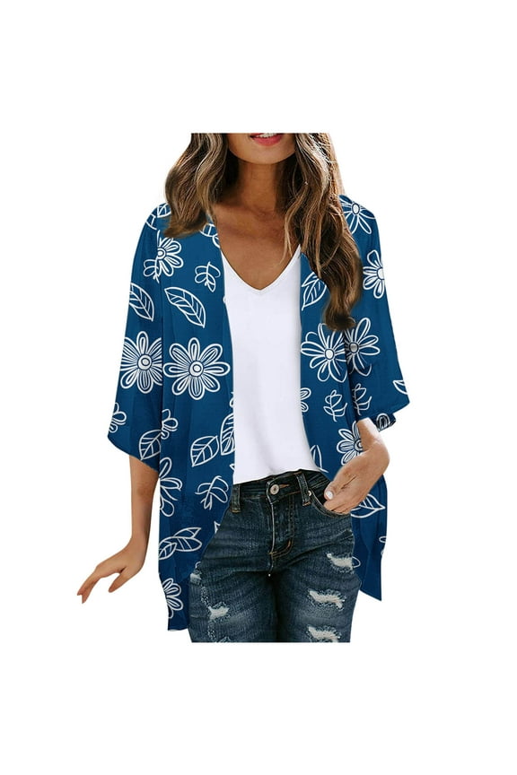 Women's 3/4 Sleeve Kimono Cardigan Open Front Chiffon Cover Ups Tropical Print Beach Casual Hawaiian Clothes (XL, Navy)
