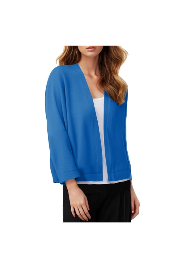 Women's 3/4 Sleeve Knitted Cardigan Open Front Ribbed Cropped Jacket Lightwieght Comfy Solid Color Sweater Shrugs (L, Sky Blue)